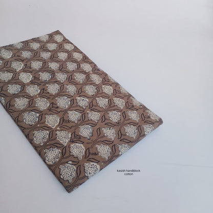 Brown and white floral jaal Dabu handblock printed cotton fabric artisan crafted