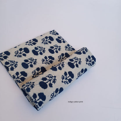 Cream indigo floral butta dabu handblock cotton fabric, contrast-based traditional print for wholesale