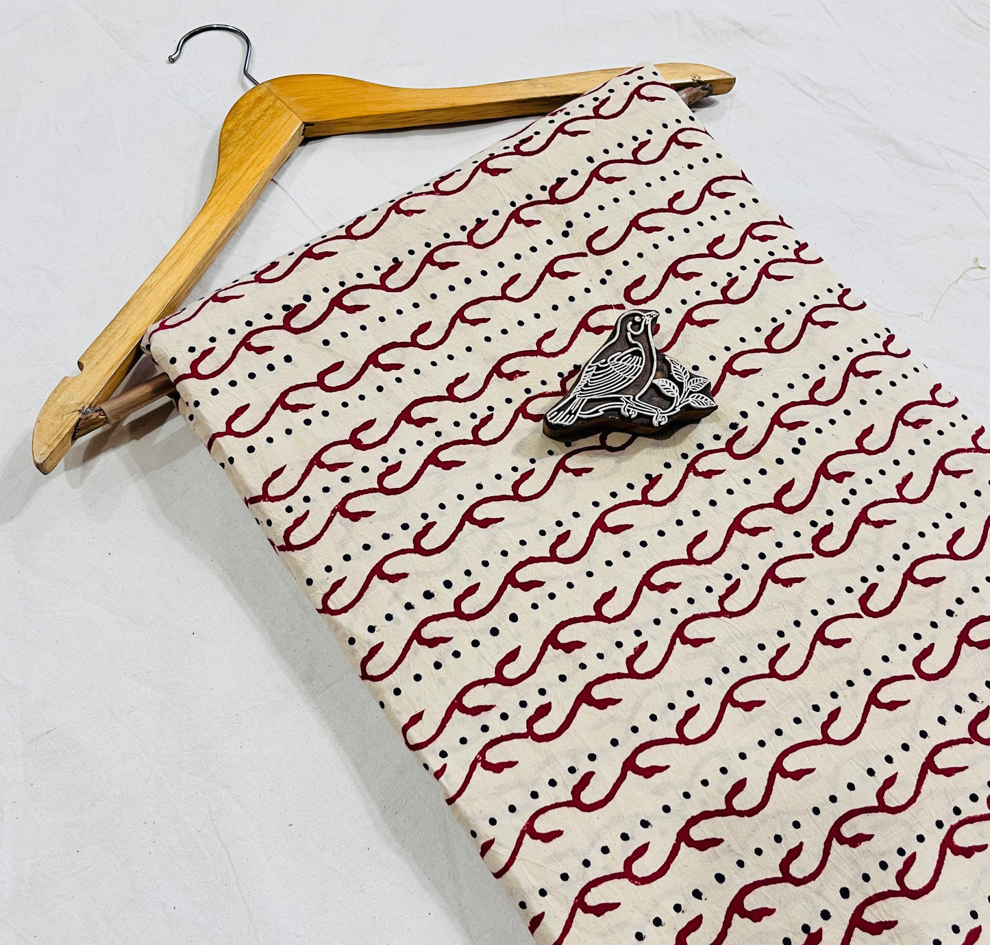 Cream border jaal Dabu handblock printed pure cotton fabric, handcrafted artisan textile