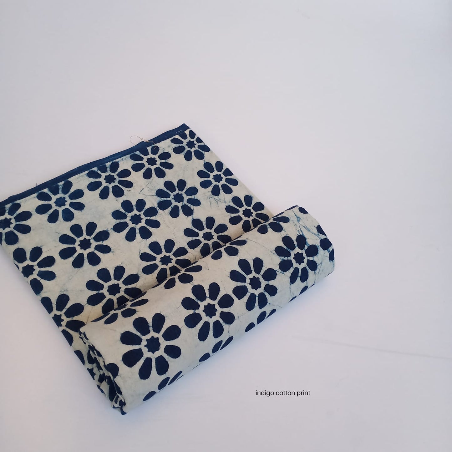 Cream indigo floral butta dabu handblock printed pure cotton fabric, soft base with traditional motifs