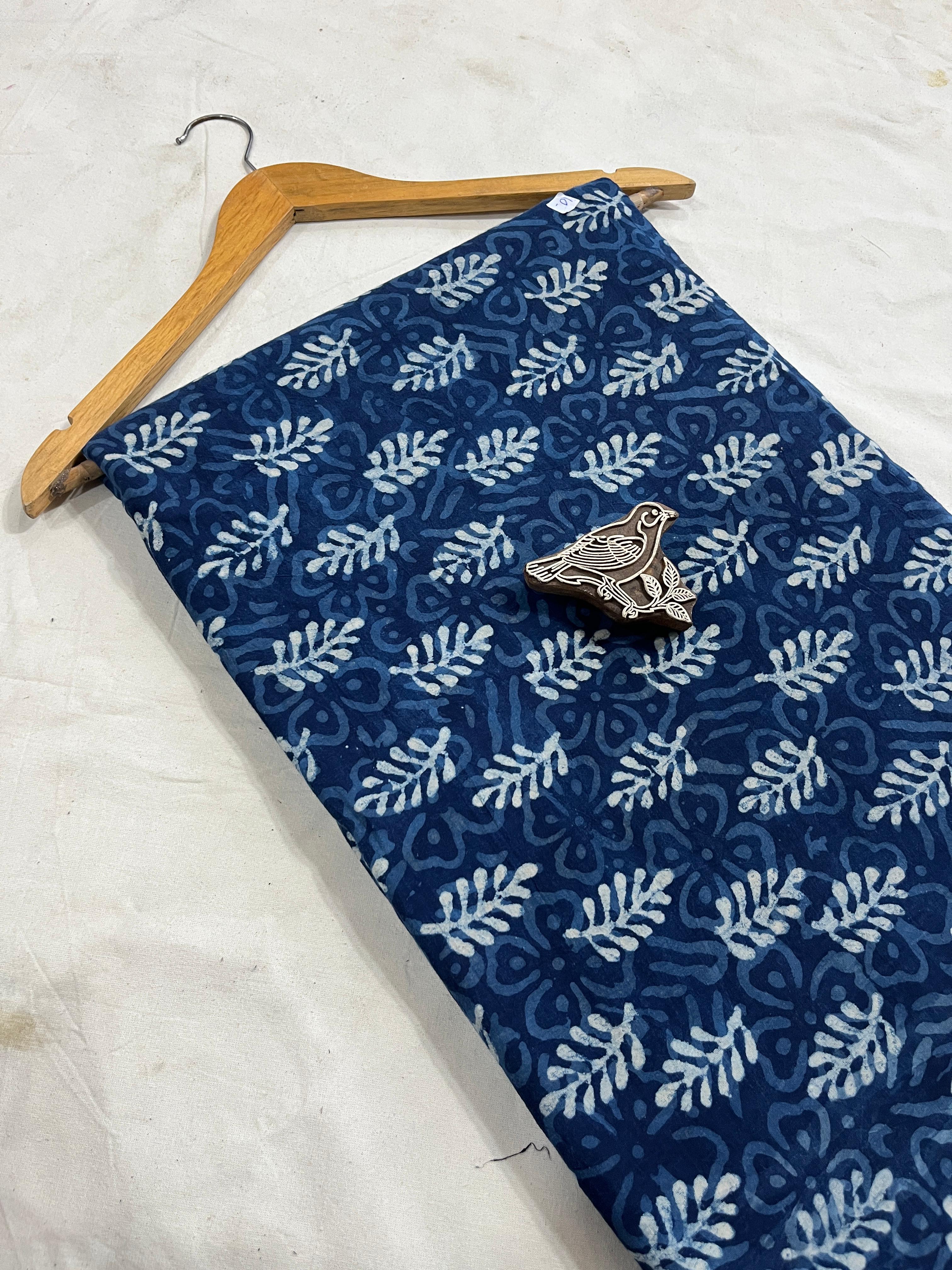 Indigo floral leaf Dabu handblock printed cotton fabric, natural dyed pure cotton for wholesale buyers
