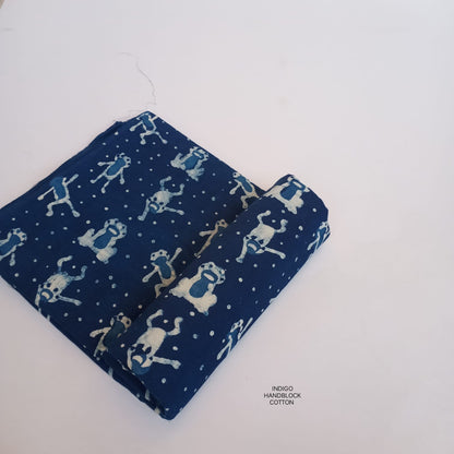 Indigo monkey animal dabu handblock printed pure cotton fabric, playful heritage animal print