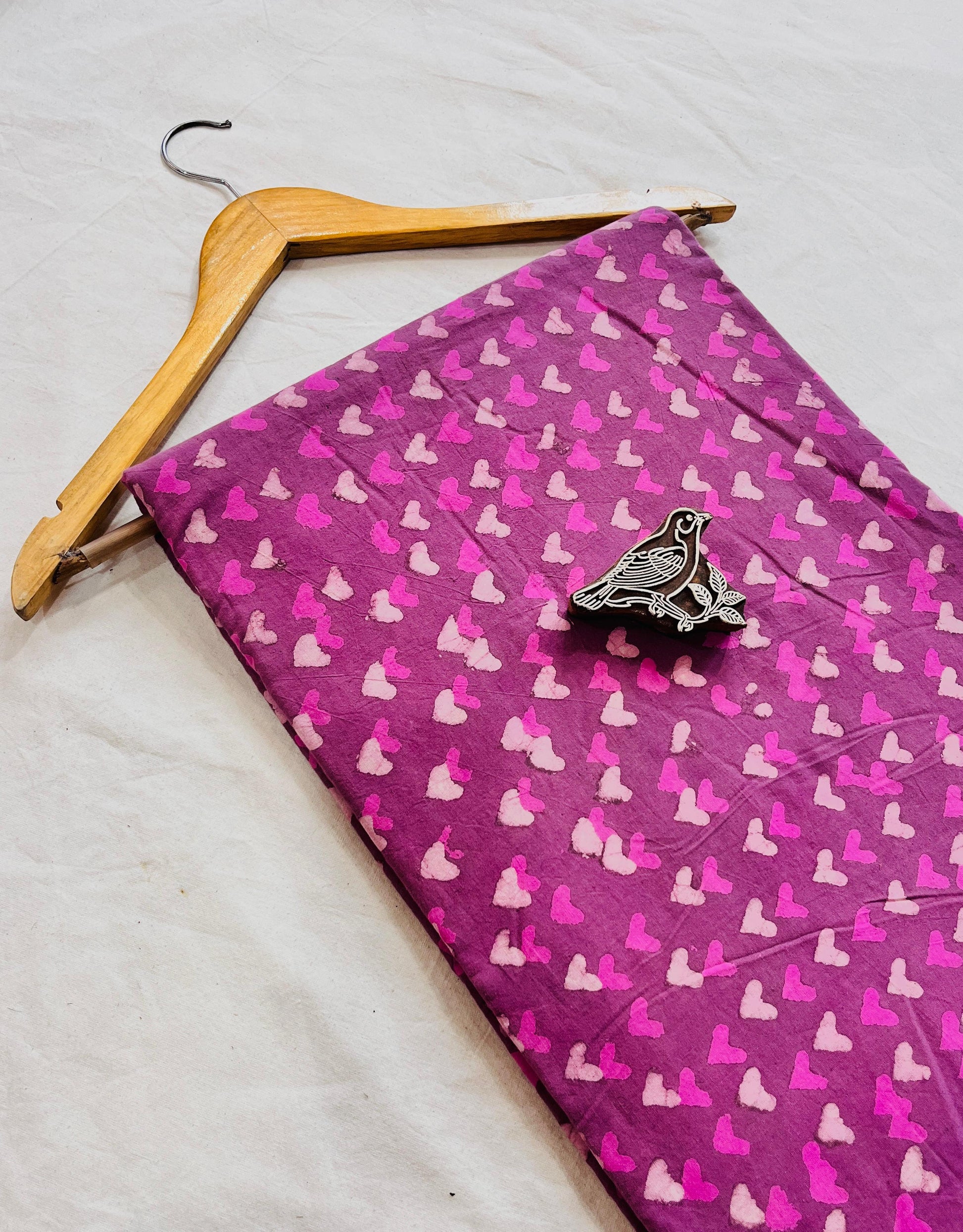 Pink heart Dabu handblock printed pure cotton fabric, contemporary mud resist design for wholesale