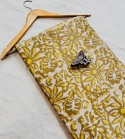 Yellow floral Dabu handblock printed cotton fabric, pure cotton mud resist textile for wholesale sourcing