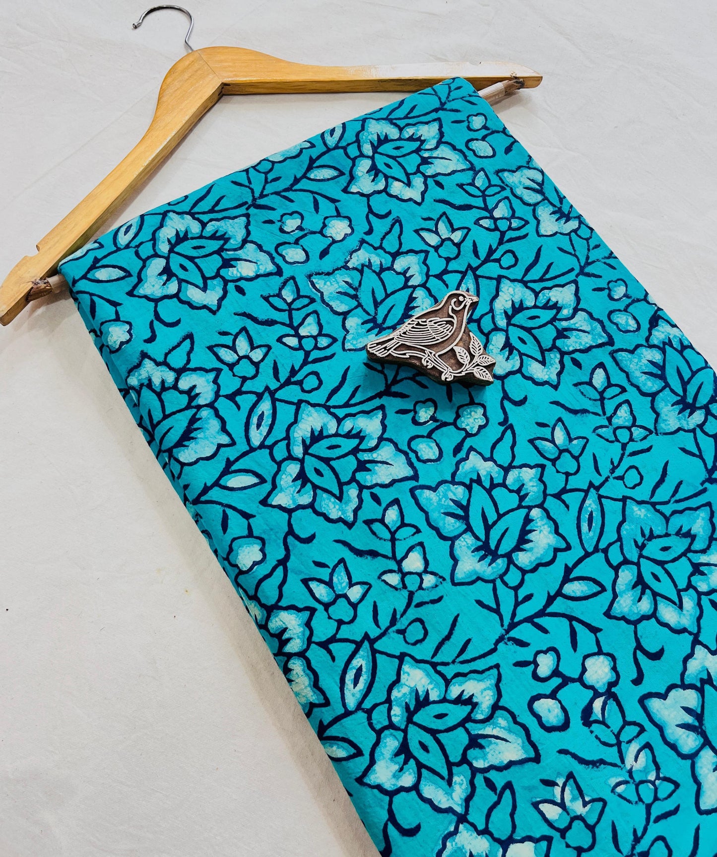Blue flora pure cotton Dabu handblock print fabric, natural mud-resist crafted textile.