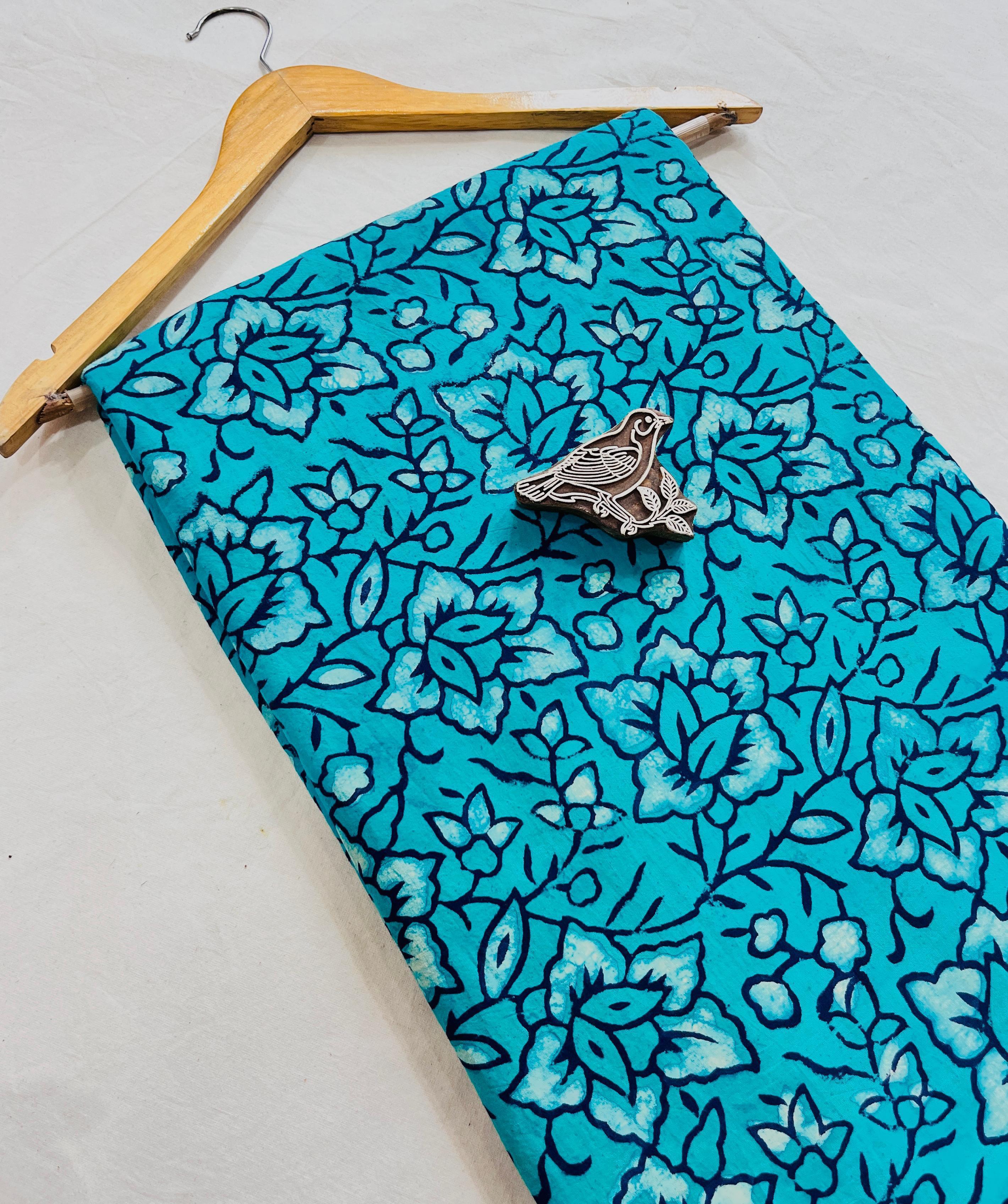 Blue flora pure cotton Dabu handblock print fabric, natural mud-resist crafted textile.