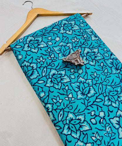 Blue flora pure cotton Dabu handblock print fabric, natural mud-resist crafted textile.