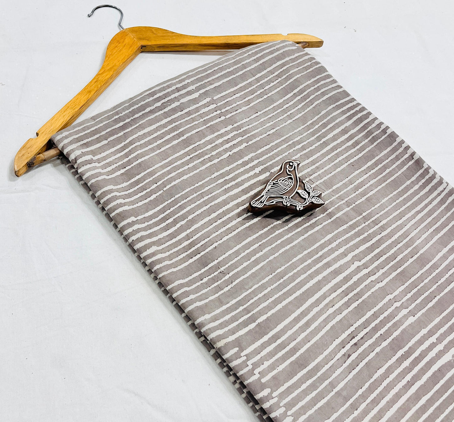 Grey pure cotton Dabu handblock printed fabric, handcrafted mud-resist textile for designers.