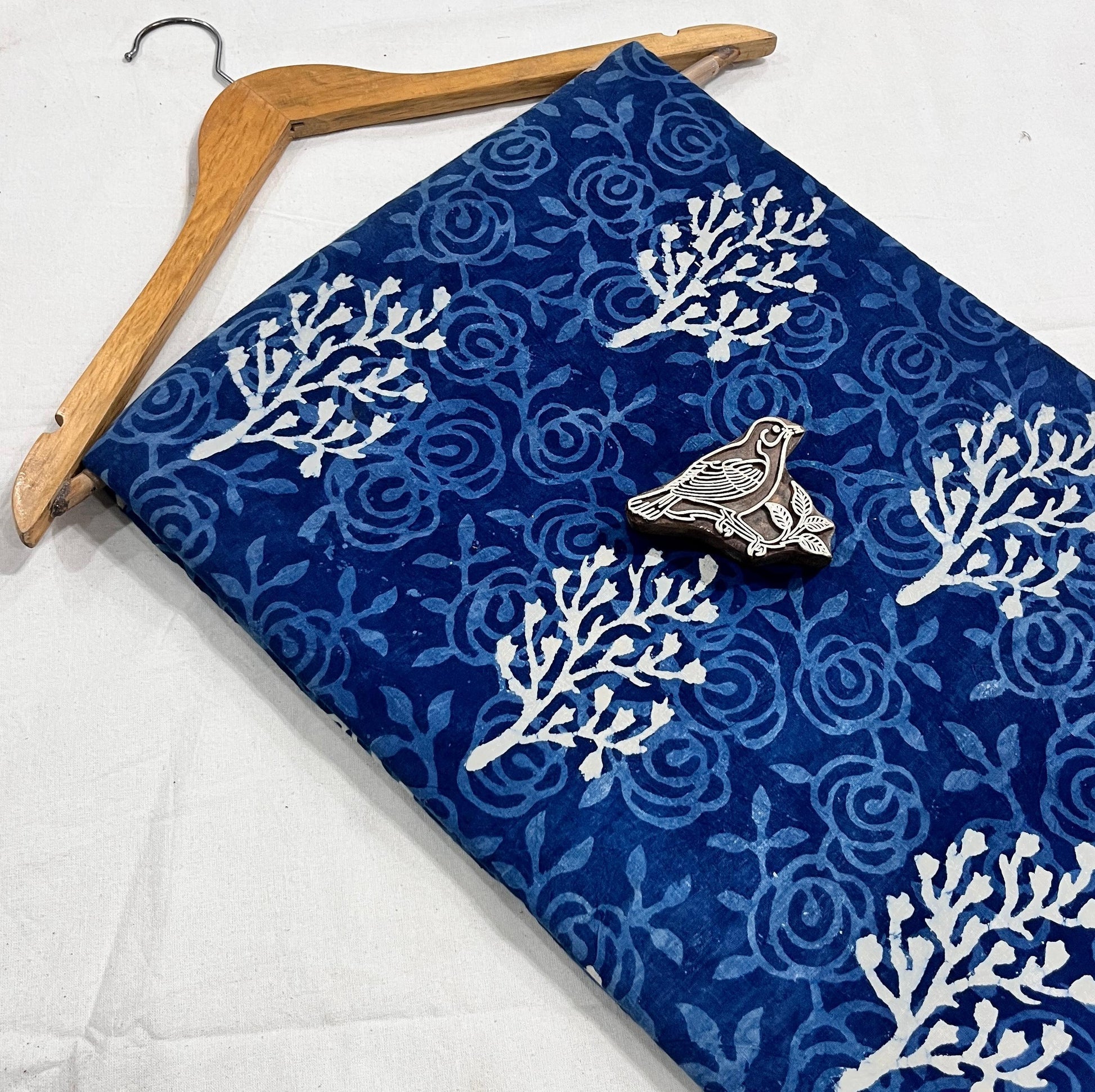 Indigo floral pure cotton Dabu handblock printed fabric, natural dye craft for bulk sourcing