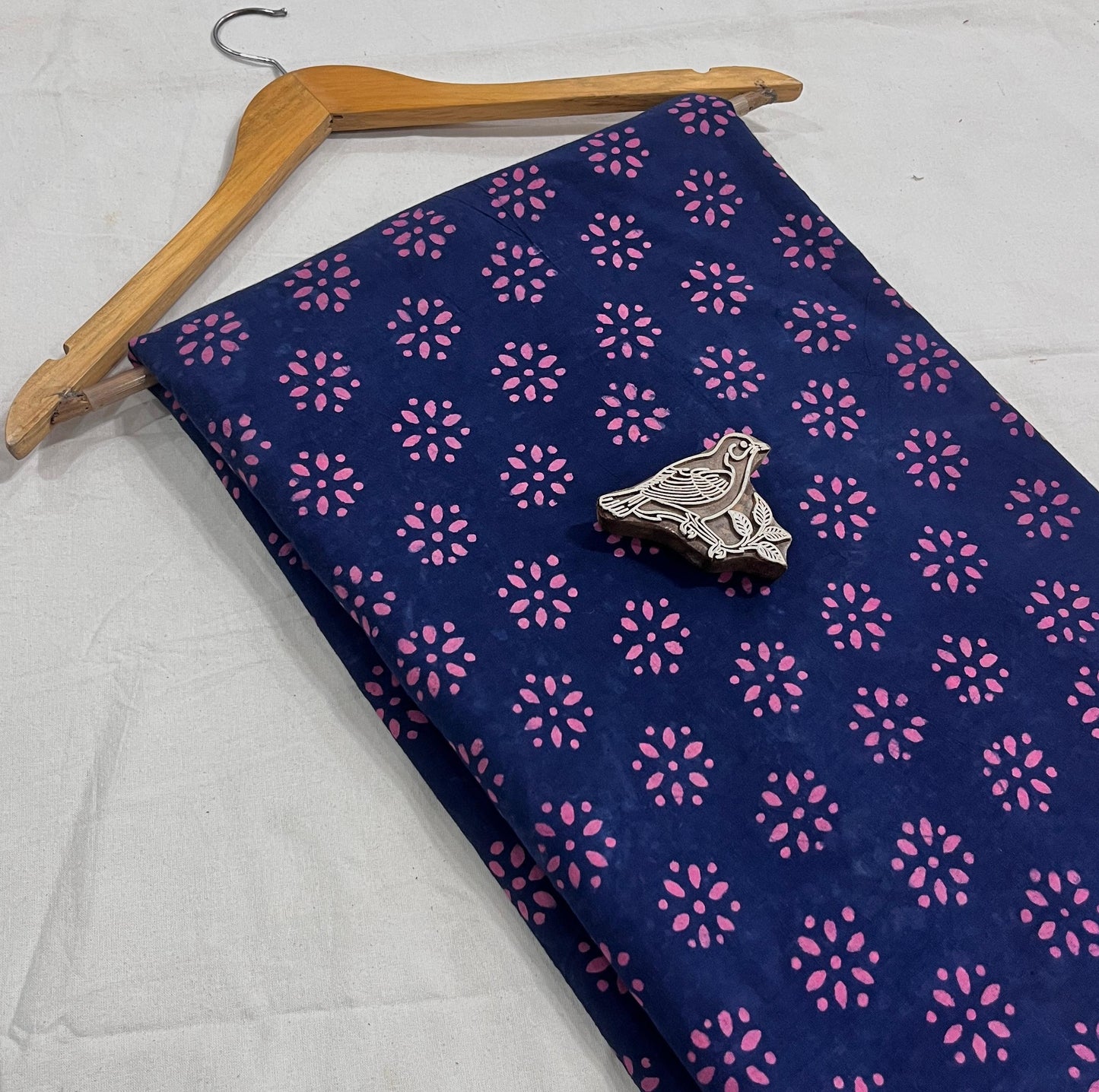 Navy pink floral pure cotton Dabu handblock print fabric, artisan-made for boutique wholesale.