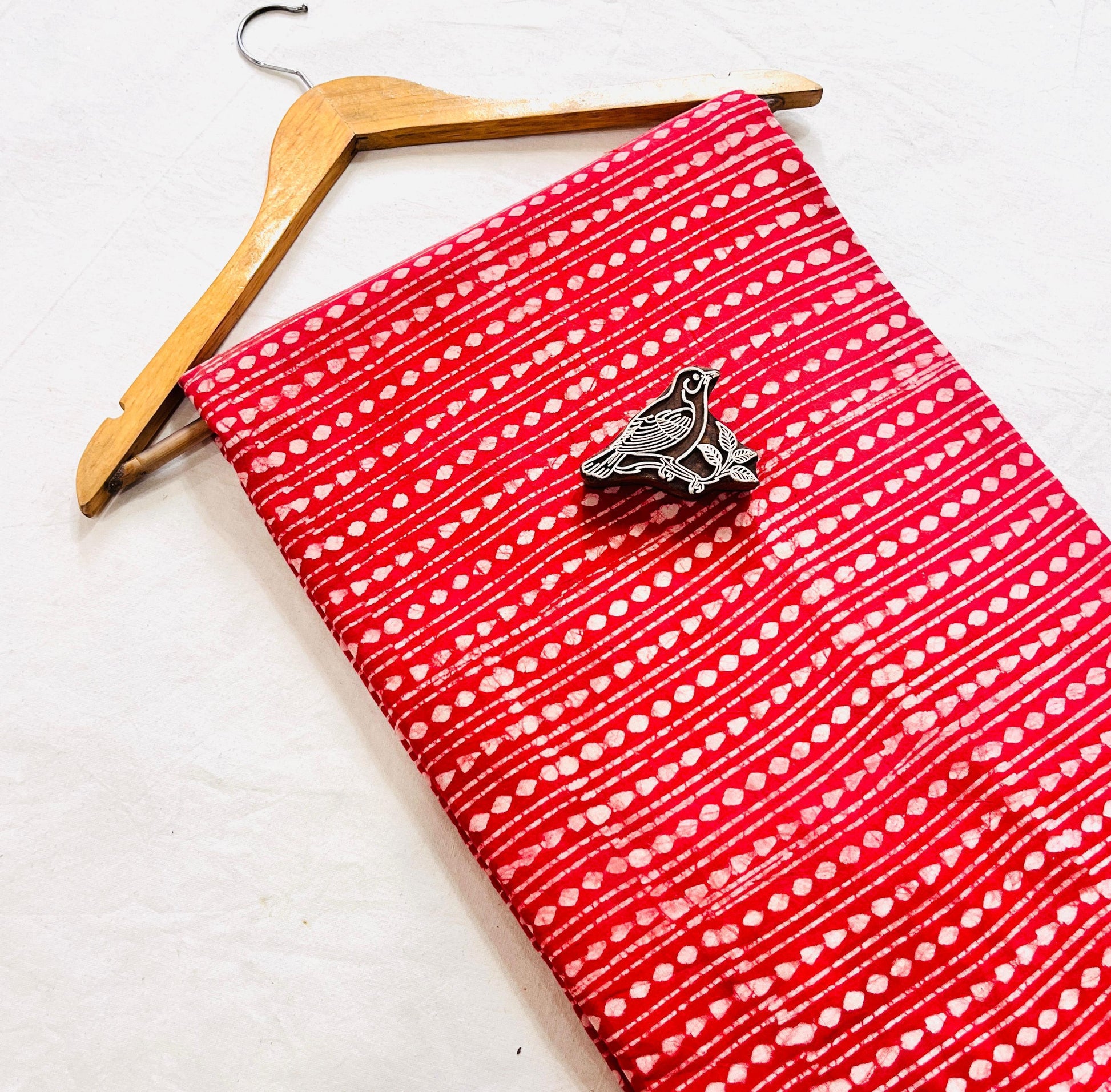 Red patterned pure cotton Dabu handblock printed fabric, handcrafted resist print for wholesale