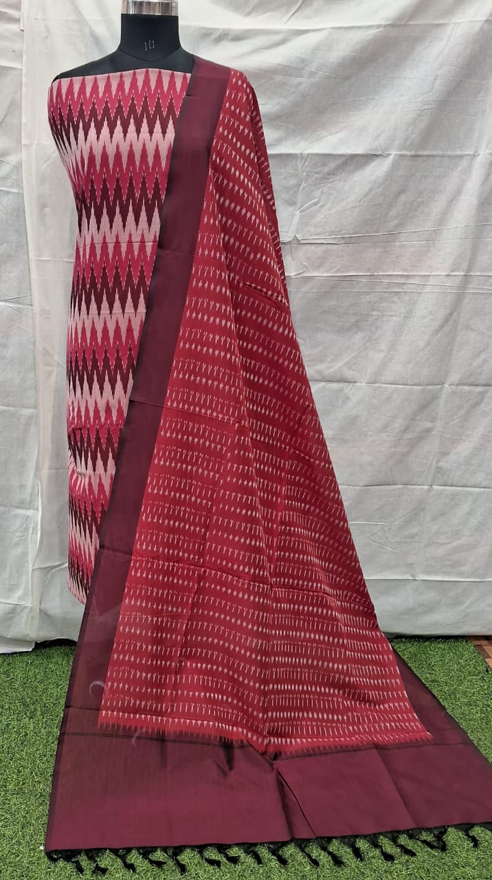 Dark Maroon Cotton Ikat Dress Material – Artisan Handwoven Fabrics for Wholesale Buyers