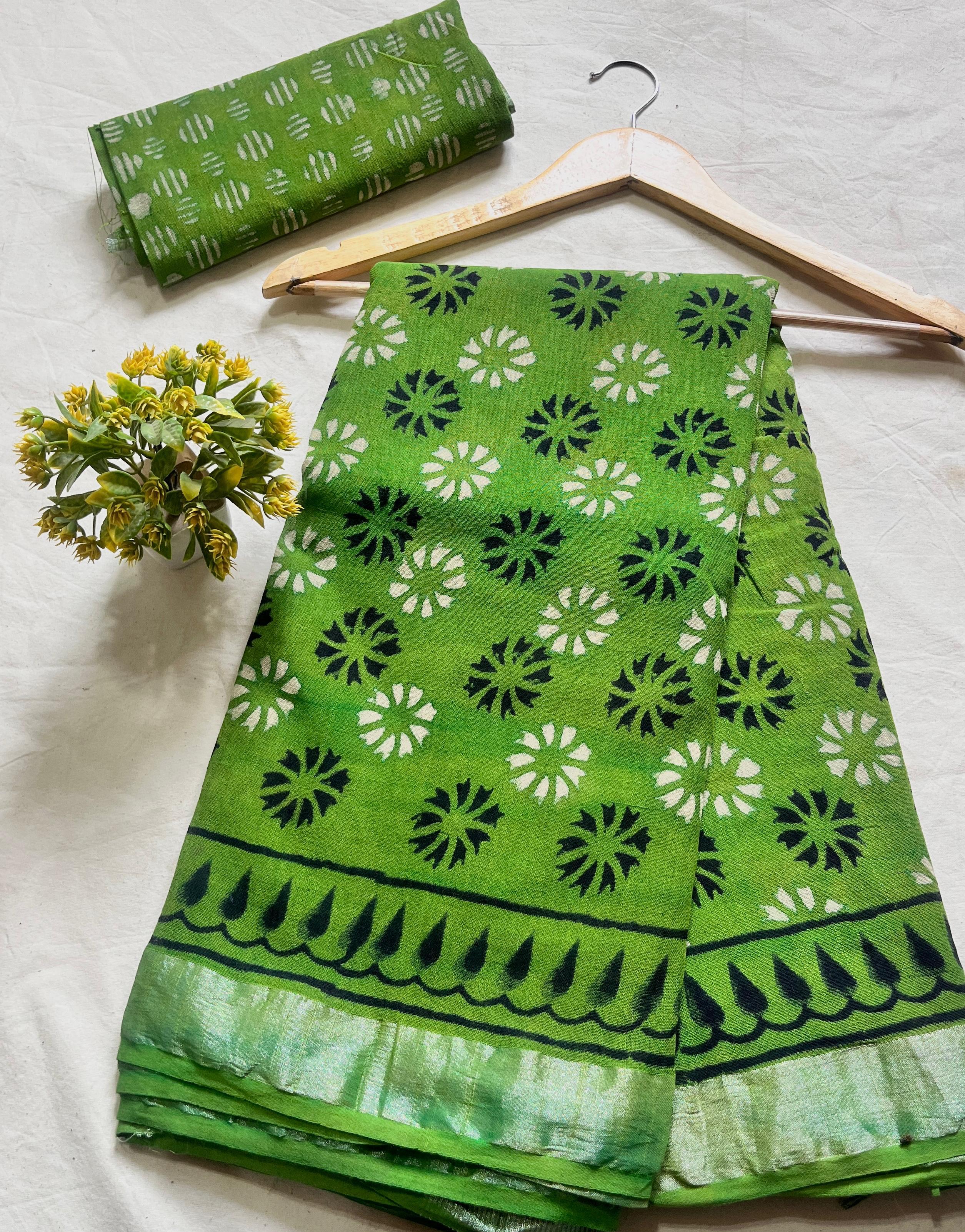 Fresh Green Floral Booty Saree – Handcrafted cotton linen handblock printed saree wholesale for designers and boutiques