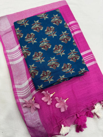 Fuchsia Saree with Blue Floral Butti Blouse Fabric – Handcrafted cotton mul handblock saree wholesale for retailers and boutiques
