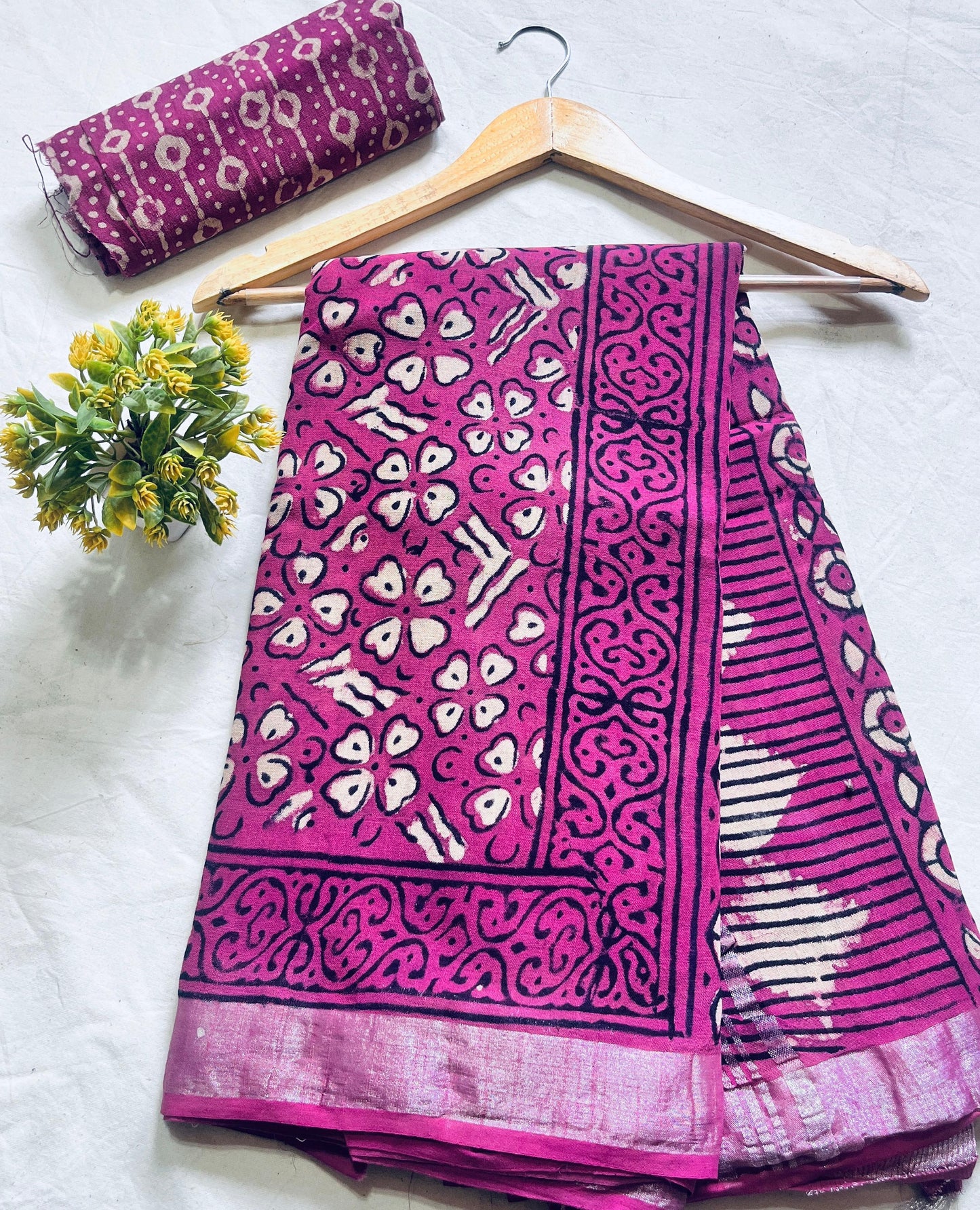 Fuchsia Pink Floral Jaal Saree – Handcrafted cotton linen handblock printed saree wholesale for boutiques and designers