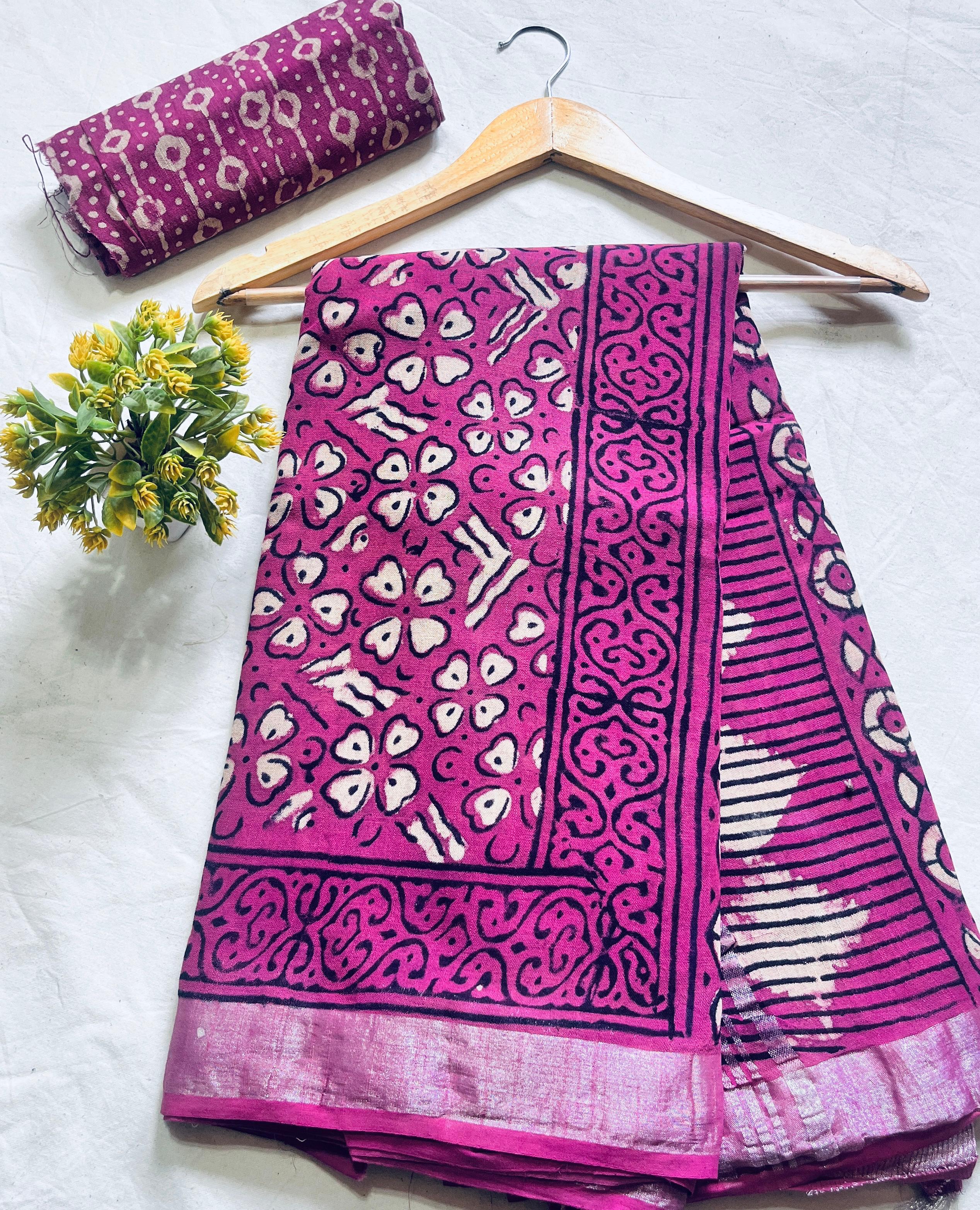 Fuchsia Pink Floral Jaal Saree – Handcrafted cotton linen handblock printed saree wholesale for boutiques and designers