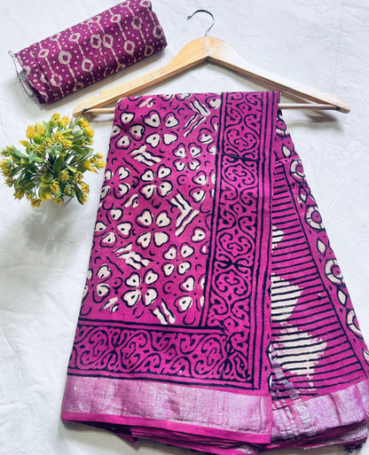 Fuchsia Pink Floral Jaal Saree – Handcrafted cotton linen handblock printed saree wholesale for boutiques and designers