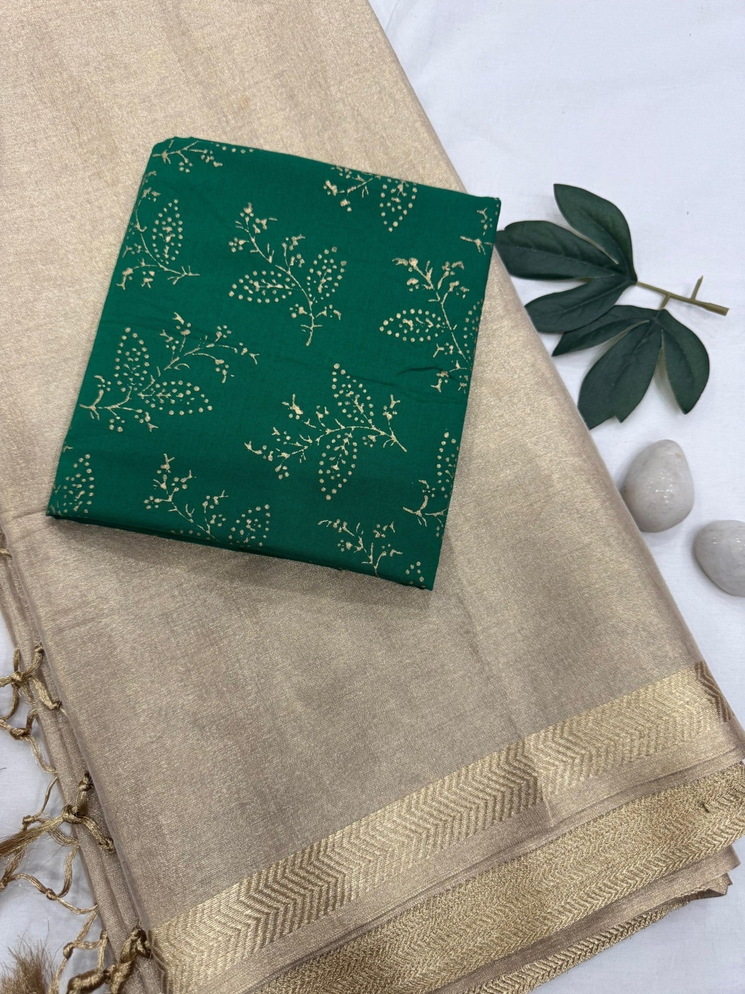 Gold Tissue Saree with Bottle Green Leaf Bootie Blouse Fabric – Premium Handcrafted Wholesale Saree