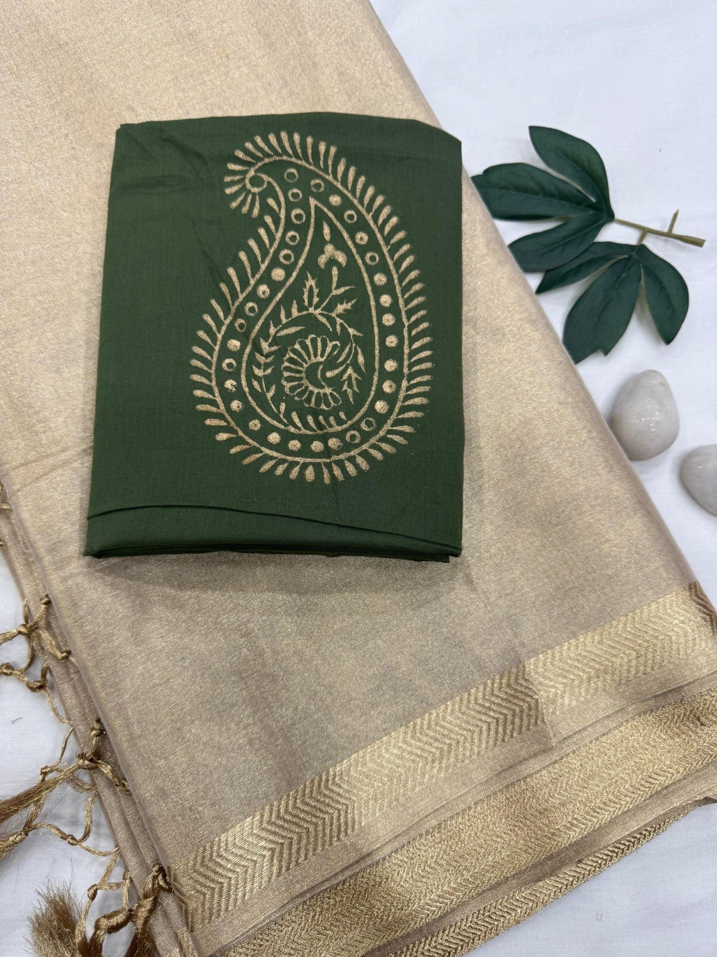 Gold Tissue Saree with Dark Green Paisley Bootie Blouse Fabric – Designer Wholesale Saree for Retailers