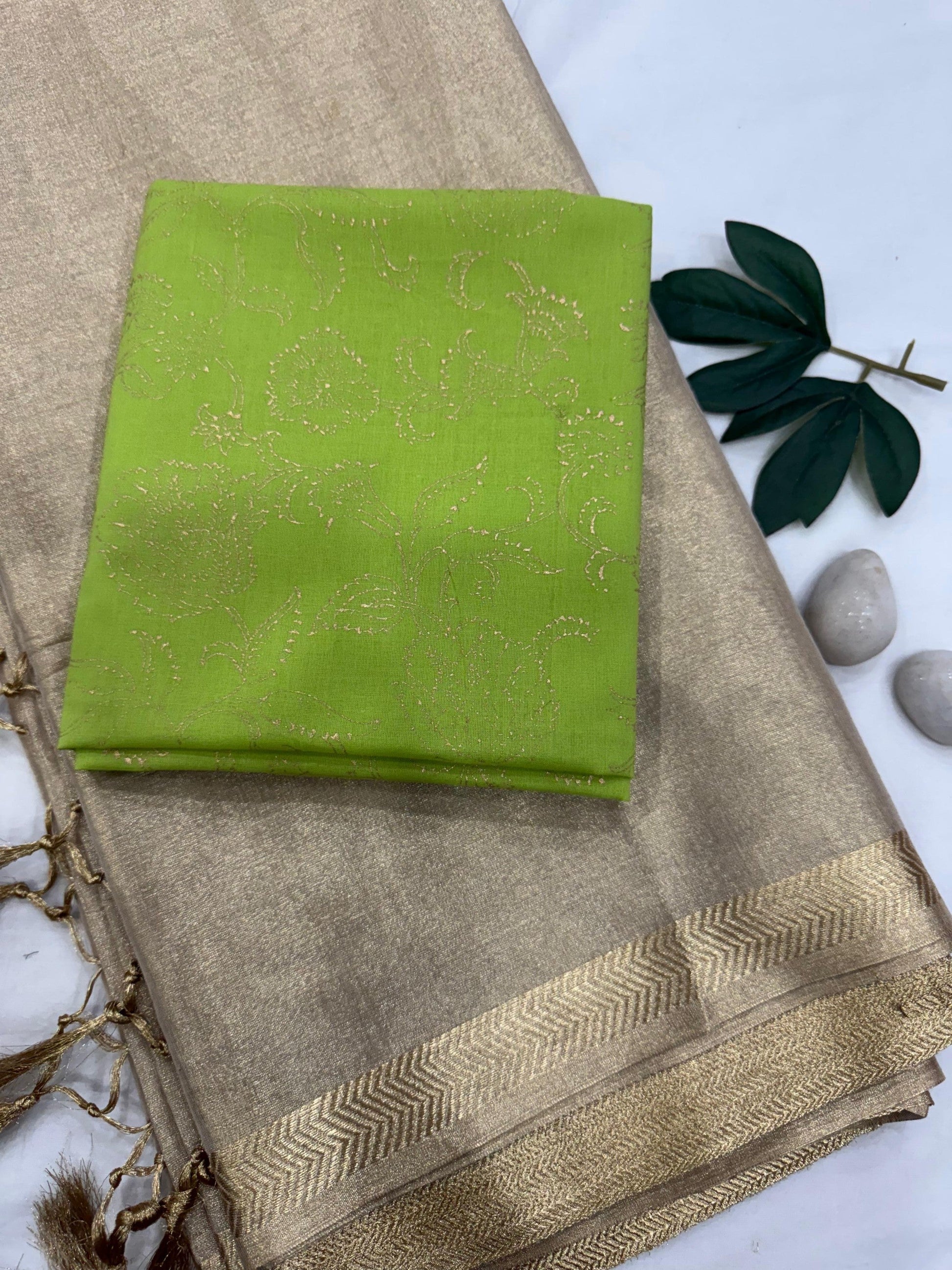 Gold Tissue Saree with Lime Green Fabric – Lightweight Designer Saree for Retailers & Designers