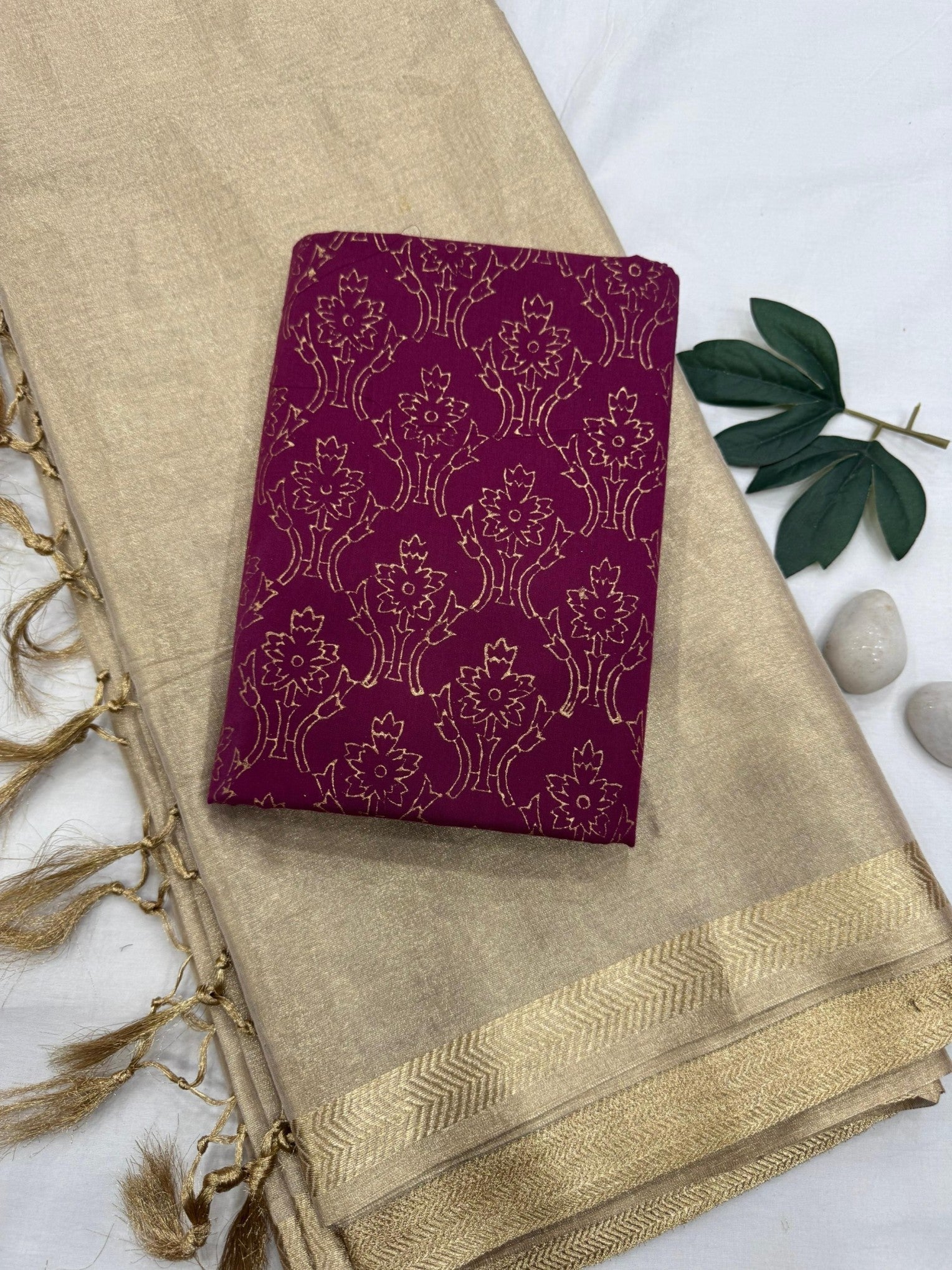 Gold Tissue Saree with Magenta Motif Blouse Fabric – Designer Handcrafted Wholesale Saree