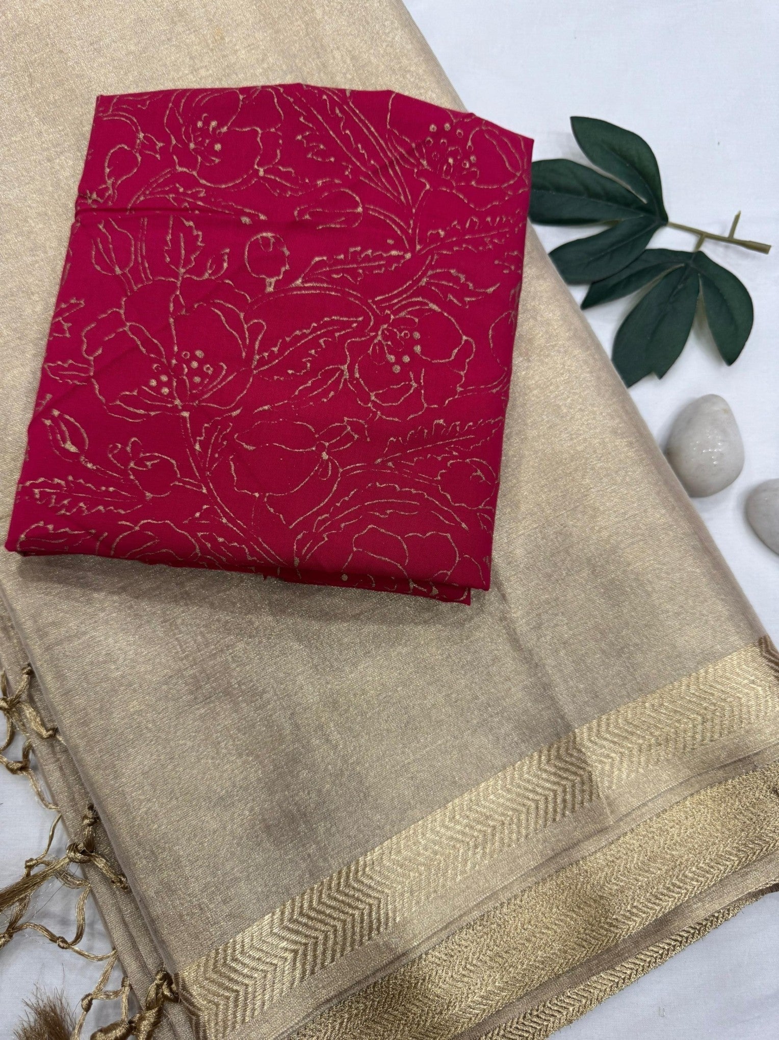 Gold Tissue Saree with Maroon Floral Jowl Blouse Fabric – Premium Wholesale Saree for Boutiques