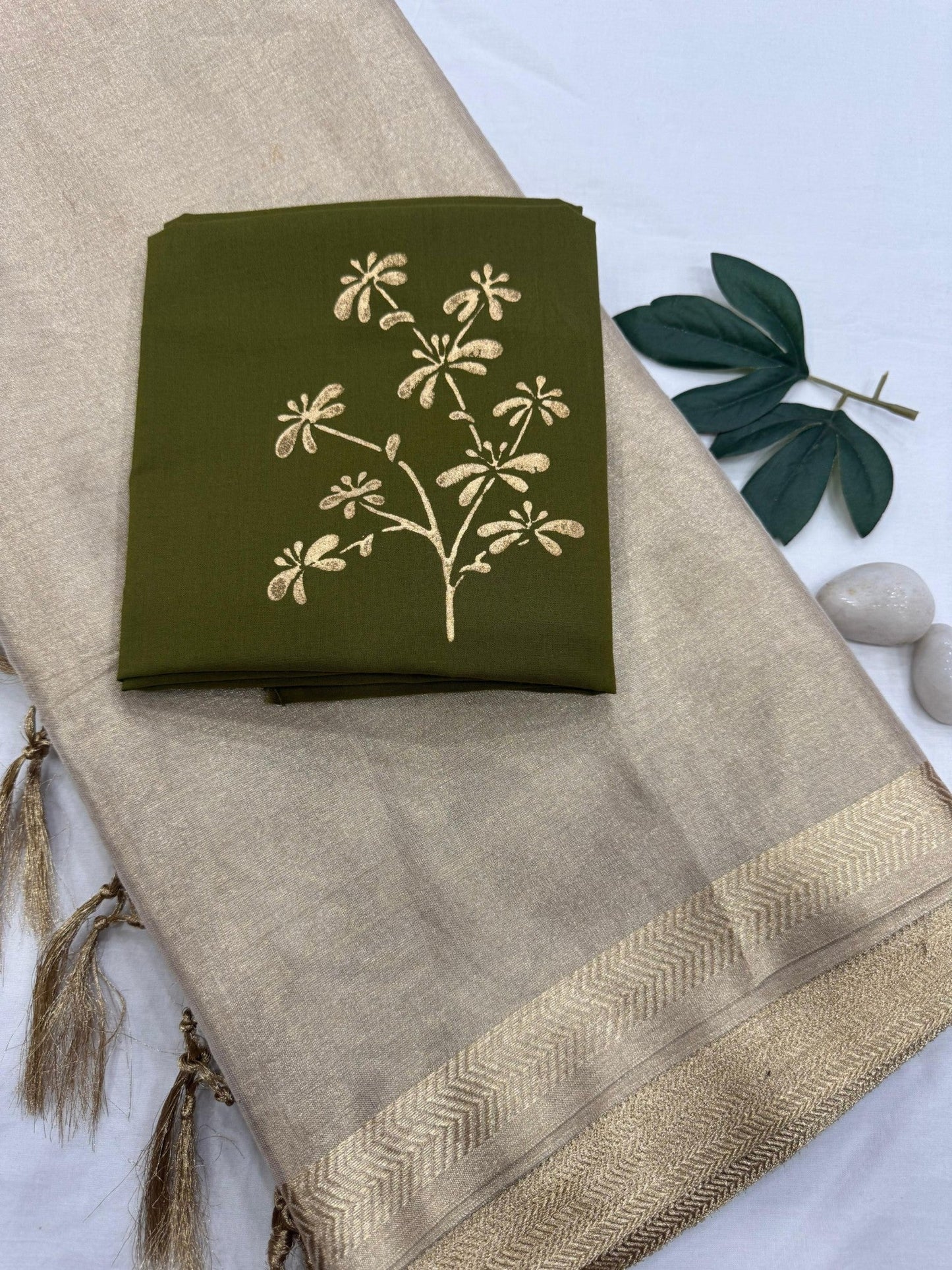 Gold Tissue Saree with Olive Printed Blouse Fabric – Premium Wholesale Saree for Boutiques