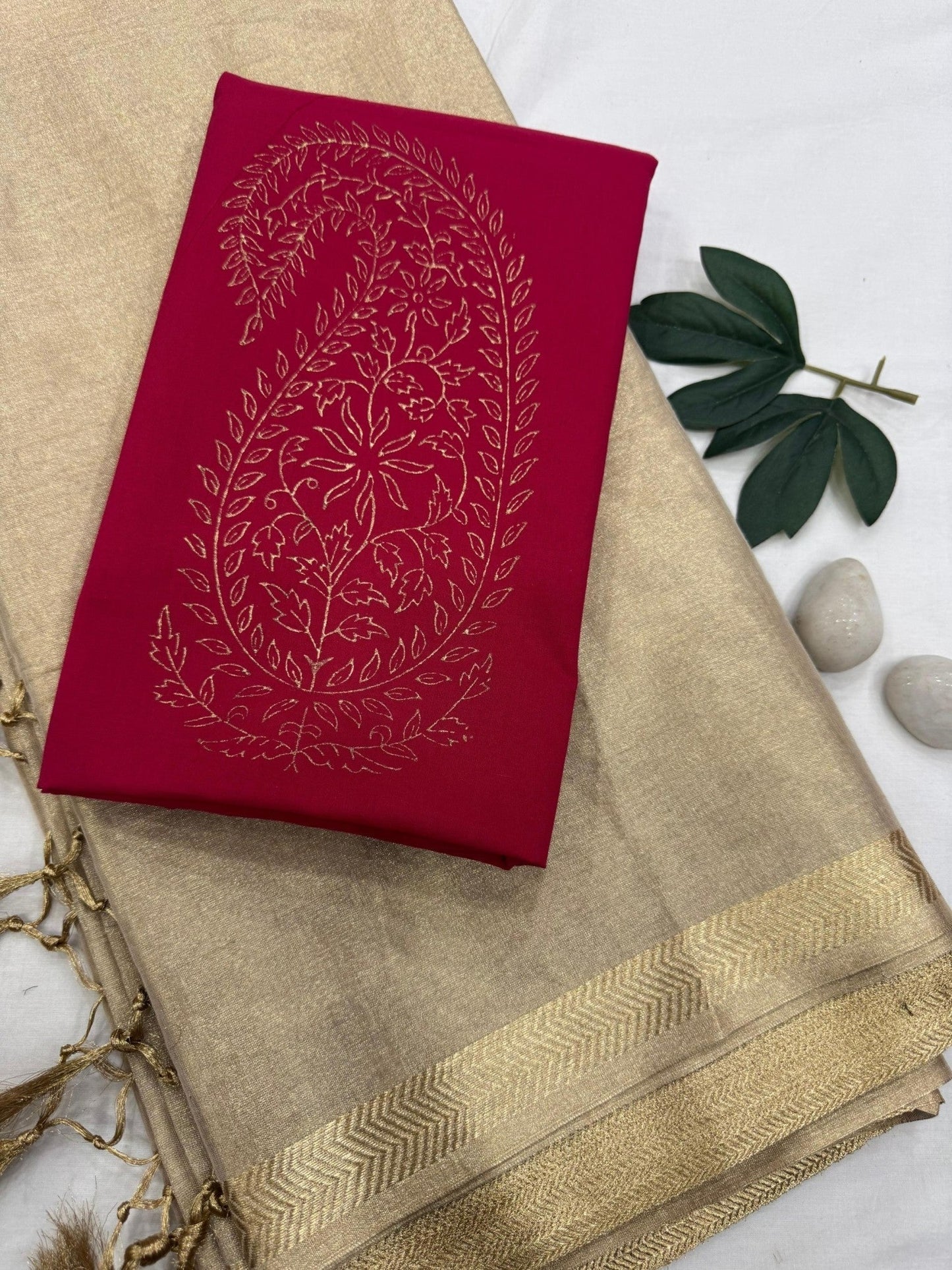 Gold Tissue Saree with Red Paisley Bootie Blouse Fabric – Designer Wholesale Saree for Retailers