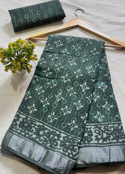 Green Floral Jaal Saree – Premium cotton linen handblock saree wholesale for retailers and boutiques