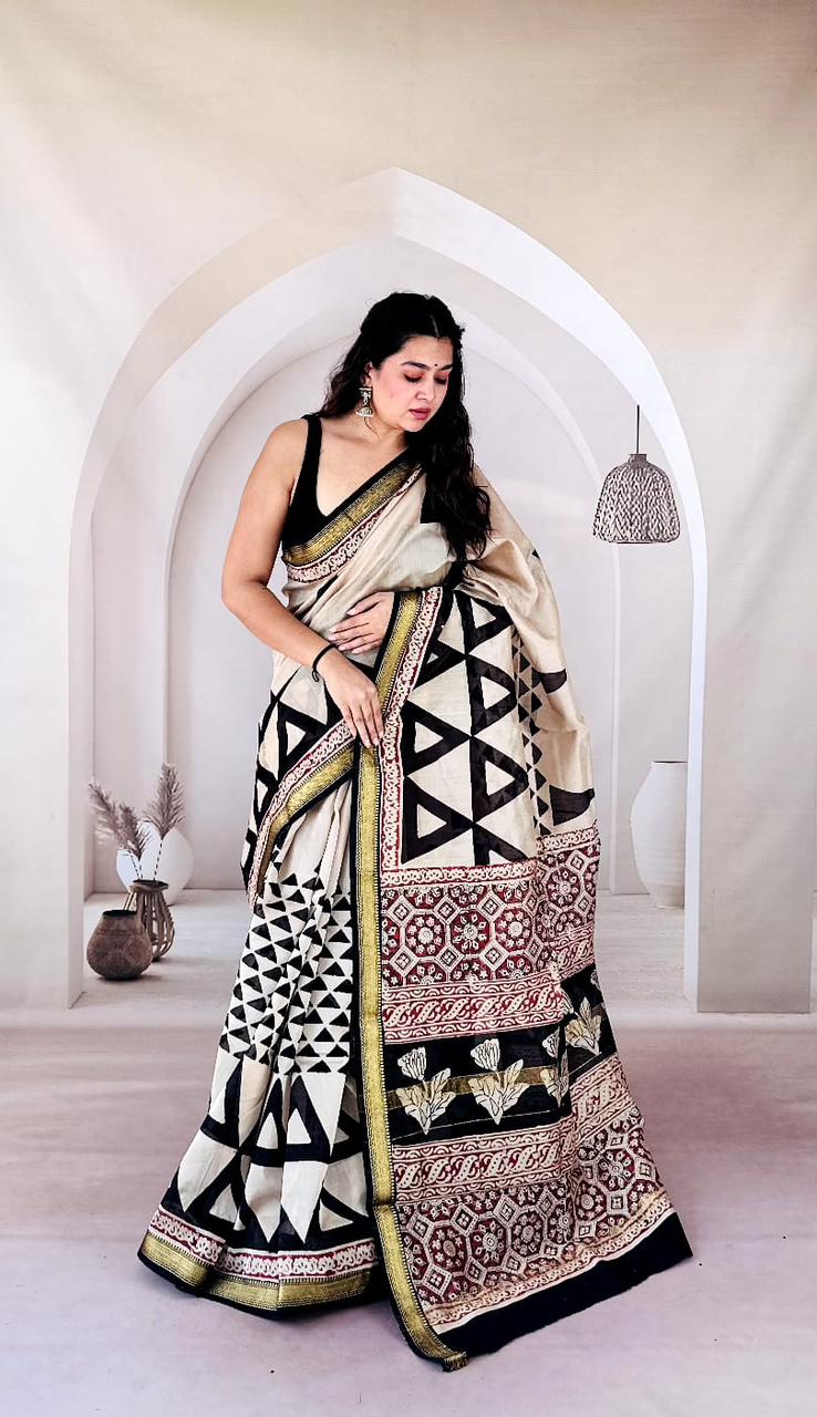 Green Maheshwari Silk Handblock Printed Saree with Floral Jaal and Stripes Pallu – Wholesale Designer Silk Saree