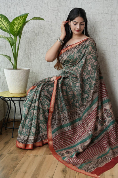 Green Maheshwari Silk Handblock Printed Saree with Floral Jaal and Stripes Pallu – Wholesale Designer Silk Saree
