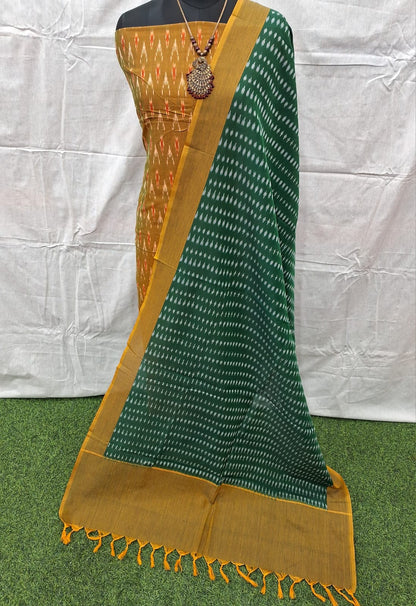 Green Mustard Cotton Ikat Dress Material – Artisan Handwoven Fabrics for Wholesale Buyers