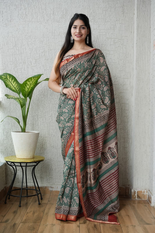 Green Maheshwari Silk Handblock Printed Saree with Paisley Design – Wholesale Silk Saree for Retailers