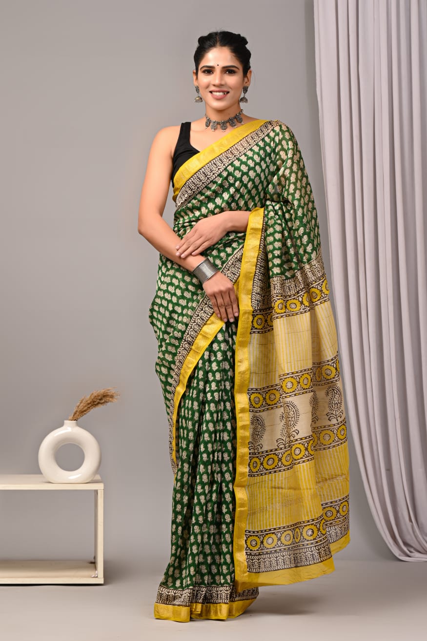 Green Maheshwari Silk Handblock Printed Saree with Small Floral Butti – Wholesale Silk Saree