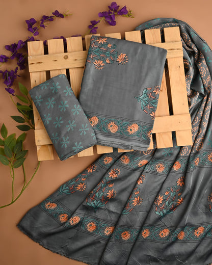 Grey Butti Cupro Modal Silk Handblock Printed Dress Material – Wholesale Indian Handblock Prints