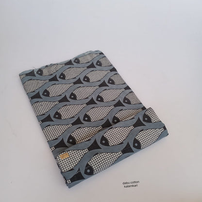 Grey fish print Dabu cotton handblock fabric, slow-made artisan textile, bulk order for designers