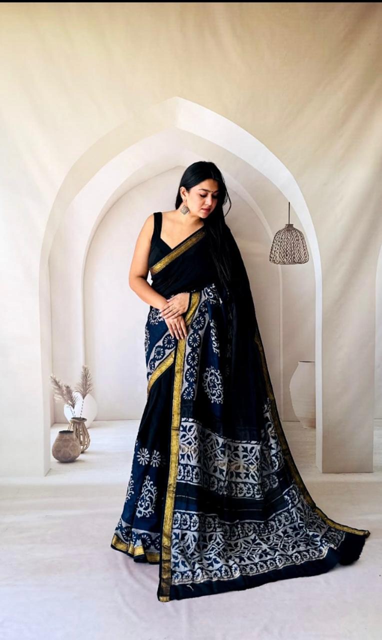 Grey Maheshwari Silk Handblock Printed Saree with Floral Jaal – Wholesale Designer Silk Saree