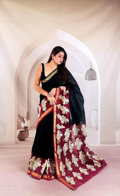 Grey Maheshwari Silk Handblock Printed Saree with Floral Jaal – Wholesale Lightweight Silk Saree