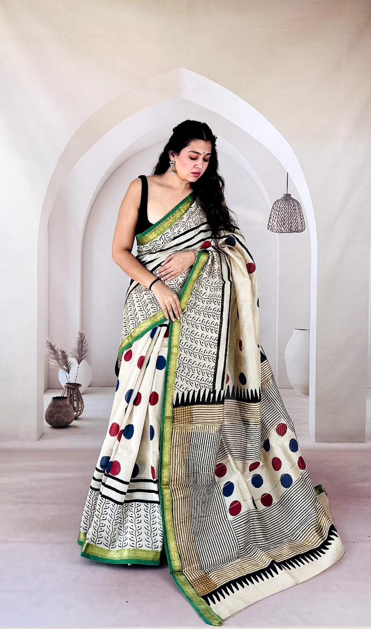 Grey Maheshwari Silk Handblock Printed Saree with Floral Design and Stripes Pallu – Wholesale Silk Saree
