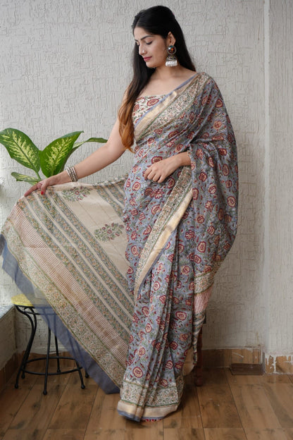 Grey Maheshwari Silk Handblock Printed Saree with Floral Design and Stripes Pallu – Wholesale Silk Saree