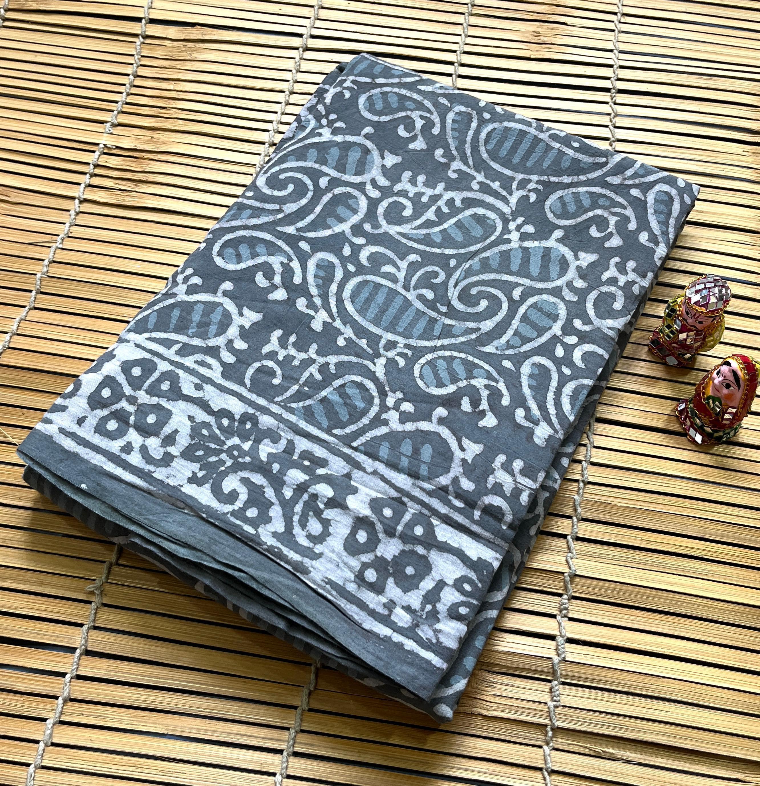 Grey Paisley Jaal Cotton Mul Handblock Saree – Handcrafted gold print saree wholesale for retailers