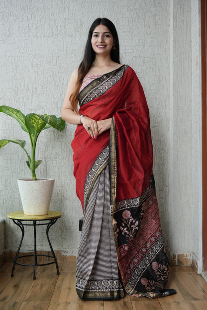 Half and Half Red, Black and White Check Maheshwari Silk Handblock Printed Saree – Wholesale Silk Saree