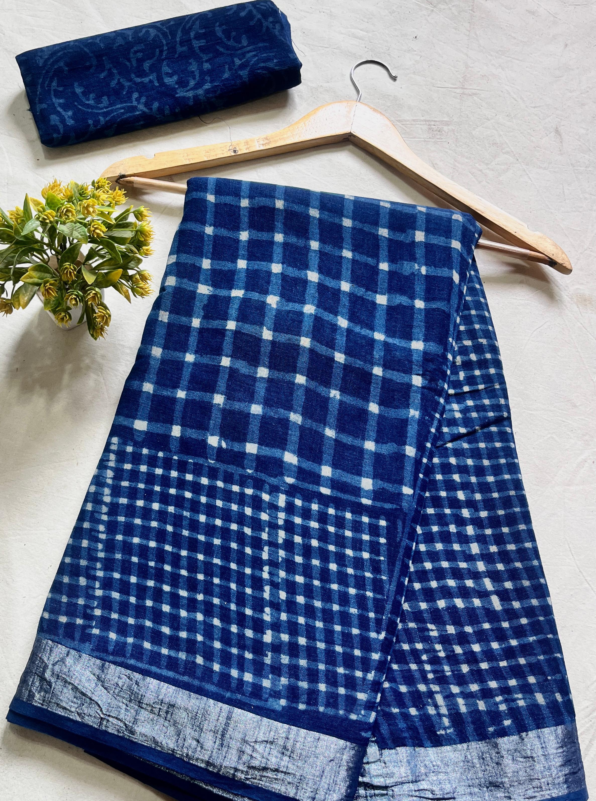Indigo Checks Jaal Saree – Handcrafted cotton linen handblock printed saree wholesale for boutiques and designers