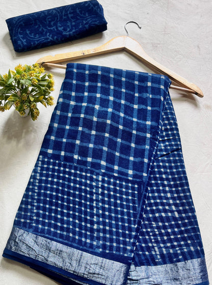 Indigo Checks Jaal Saree – Handcrafted cotton linen handblock printed saree wholesale for boutiques and designers