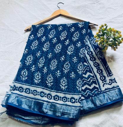 Indigo Dabu Floral Booty Saree – Premium cotton linen handblock saree wholesale for retailers and boutiques