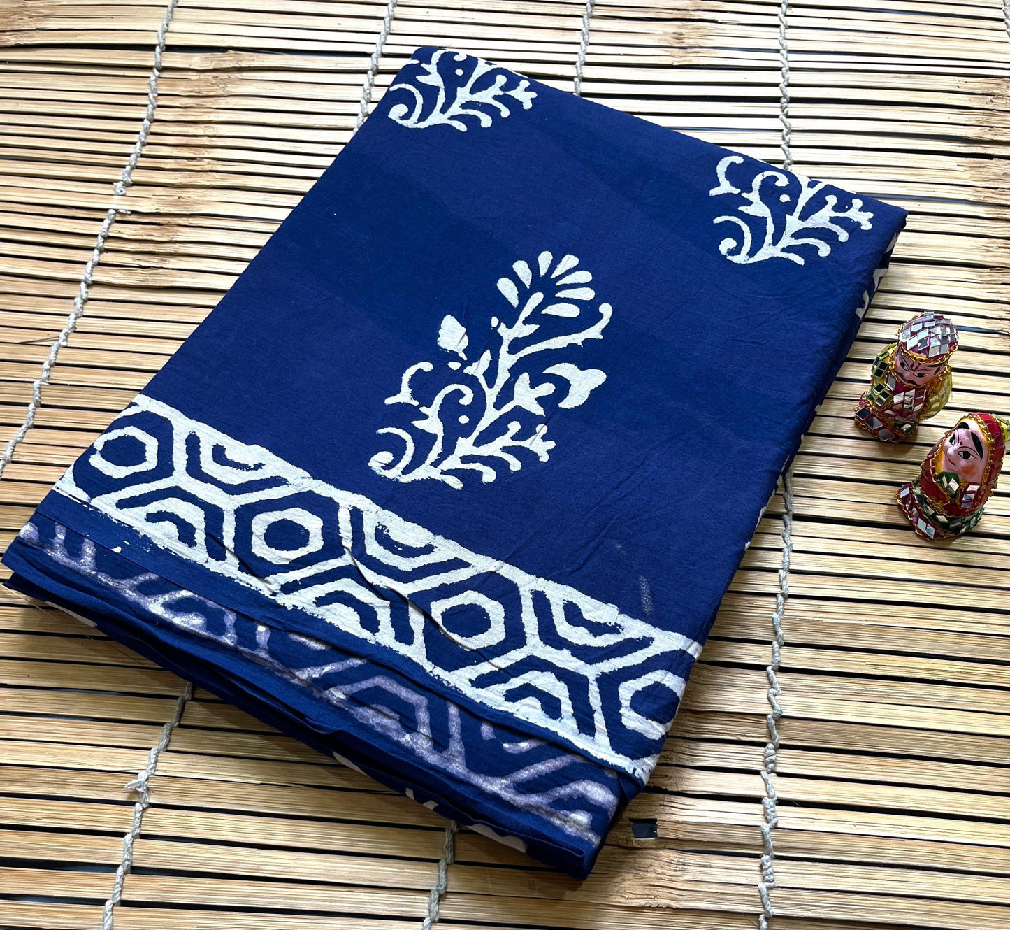 Indigo Floral Buta Cotton Mul Handblock Saree – Premium designer wholesale saree for boutiques and resellers