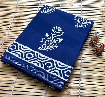 Indigo Floral Buta Cotton Mul Handblock Saree – Premium designer wholesale saree for boutiques and resellers