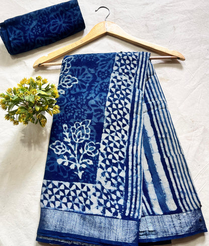 Indigo Floral Buta Jaal Saree – Premium cotton linen handblock saree wholesale for retailers and boutiques