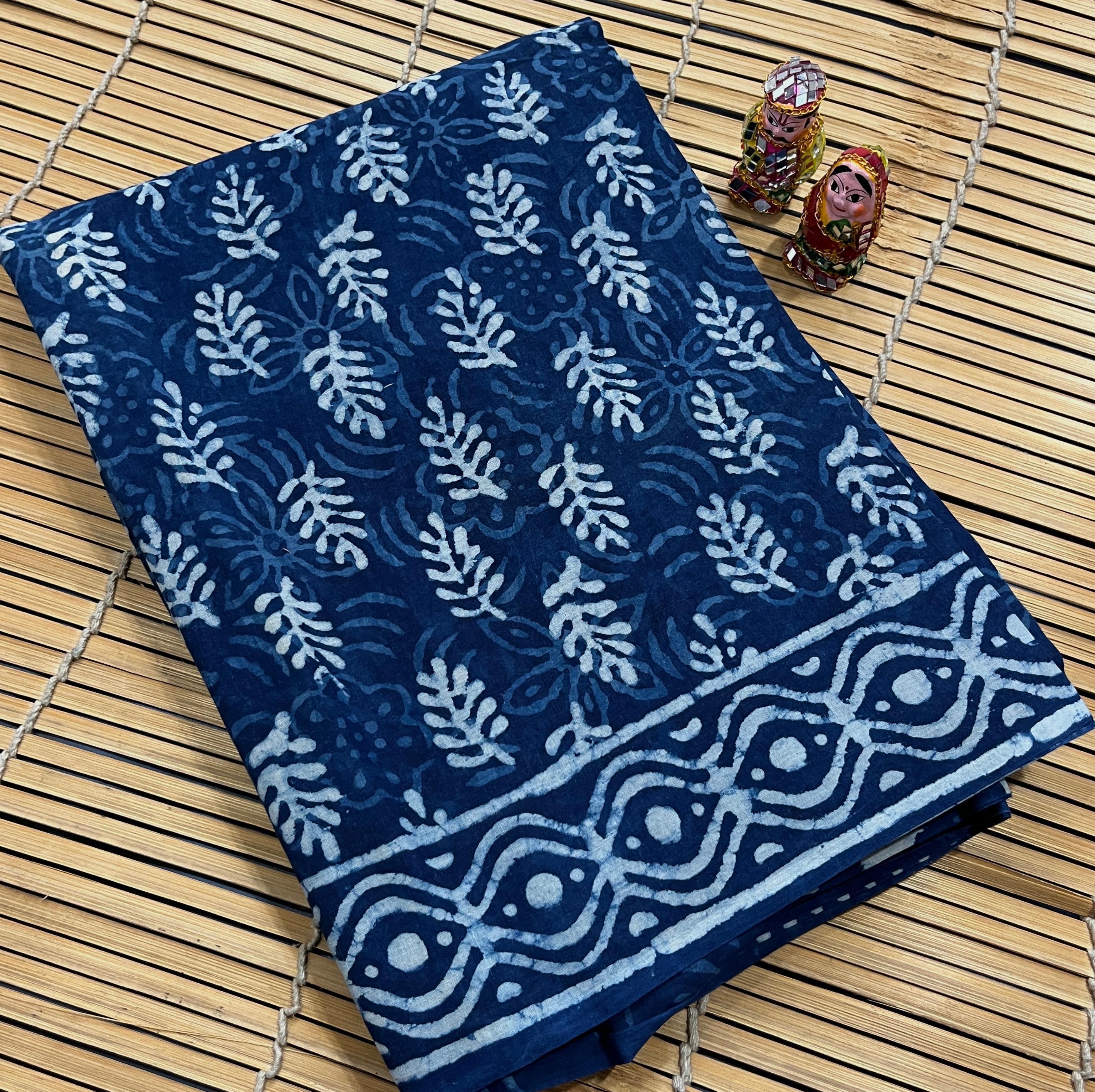 Indigo Floral Motif Cotton Mul Handblock Saree – Premium wholesale saree handcrafted by Rajasthan artisans