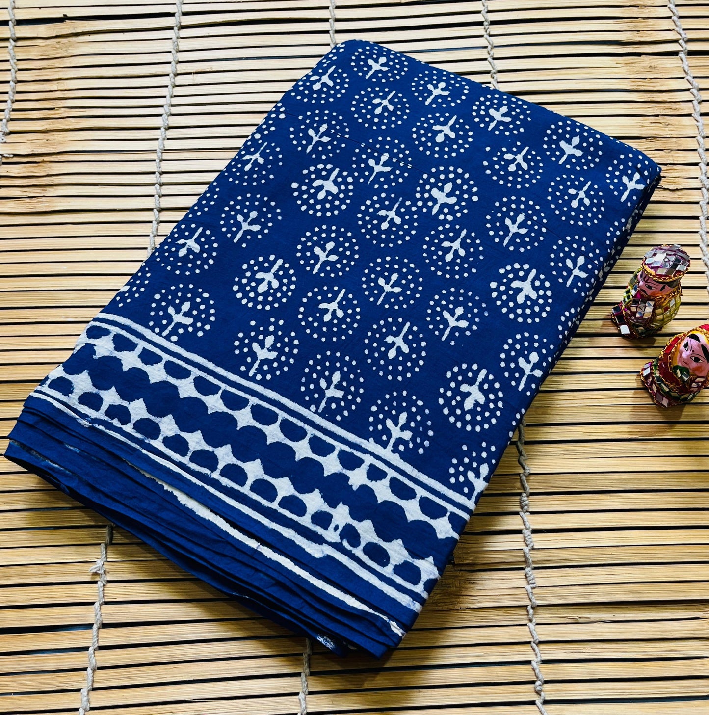 Indigo Floral Motif Cotton Mul Handblock Saree – Premium wholesale saree for boutiques and retailers